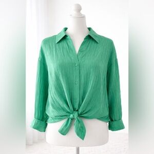 Express Jade Button-Down Tie-Front Blouse